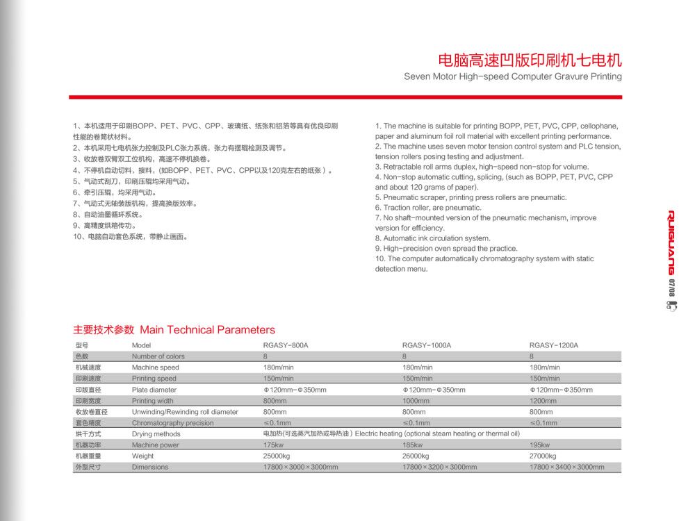 电脑高速凹版打印机七电组技术参数